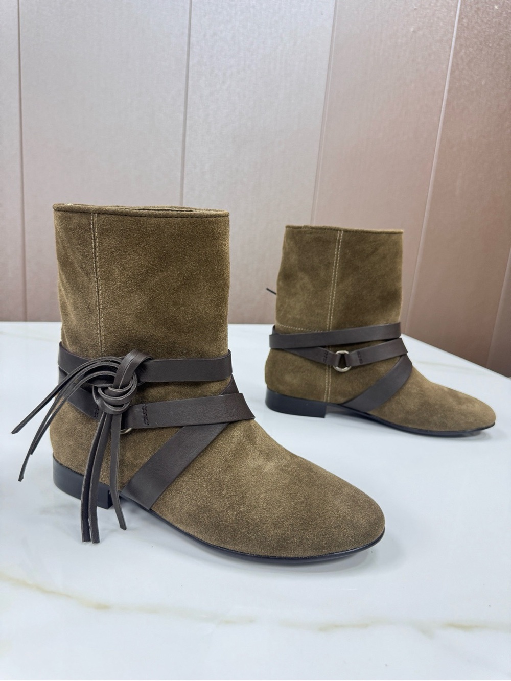 Isabel Marant Olive Suede Ankle Boots with Dark Brown Leather Straps - Picture 3 of 8